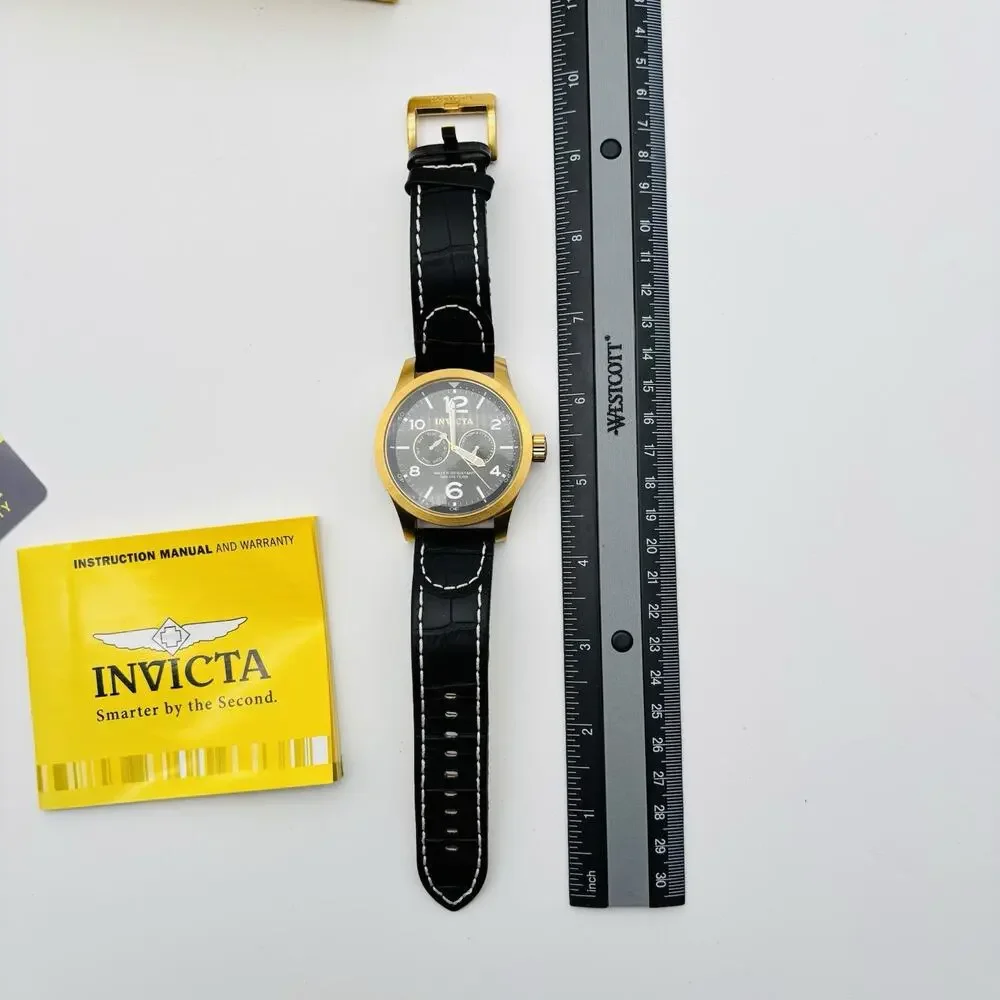Invicta Chronograph #10491 Watch with Black Leather Band In Box. With Paperwork